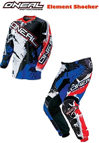 New Motorbike Motocross Suit ONEAL Element SHOCKER Motorcycle Off Road Racing Kit MX Quad Scooter Jersey and Pants for Men & Women, Color-Black/Blue/Red (L- 34")