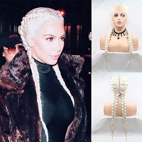 White Blonde Braided Wigs for Black Women Long Platinum Blonde Ombre Black Lightweight Synthetic Twisted Braids Wig with Baby Hair Soft Double Dutch Braided Wigs Glueless Hair Wig Gift 22 Inch