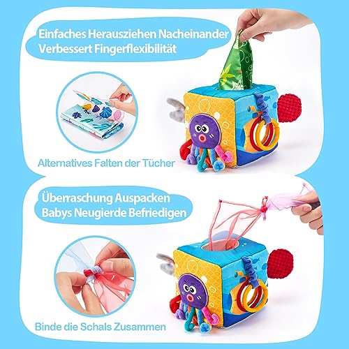 hahaland Baby Toy 6 12 Months Tissue Box, Montessori Toy Sensory Motor Skills Toy, Fabric Cloths Contrasting Colours Learning Sensory Toy for Boys Girls Gifts