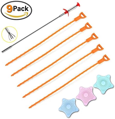 Kitchen Tools Kit Miker 9 Pack Drain Cleaners Pipe Hair removal Sewer Tub Cleaning Snake Anti Clogging Floor Wig Removal Clogs Tools with Free Silicone Bathroom Drains Strainer