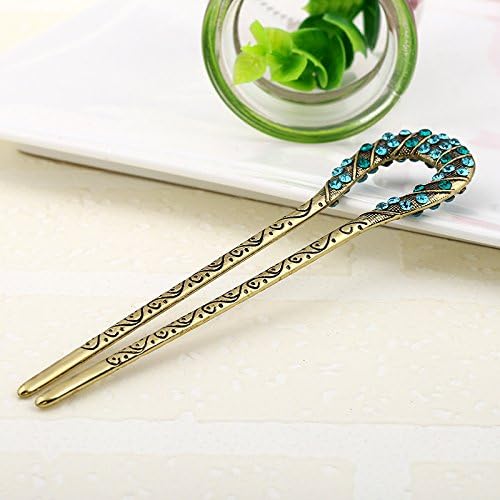 Retro Hair Jewelry Antique Bronze Plated Hairpins U shape Hair Sticks Women Rhinestone Flower Hair Accessories (BLUE)