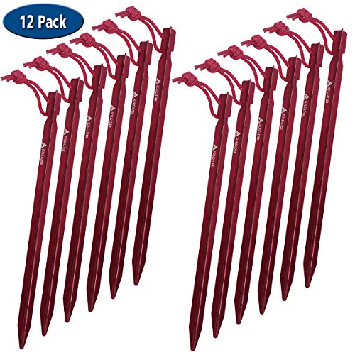 SOLEADER Tent Stakes Heavy Duty, Tent Pegs, 9 Inch, Aluminum, Utralight, Extra Long, for Camping Beach Hammock Tarp Shelter Cannopy (9, 12 Pack)