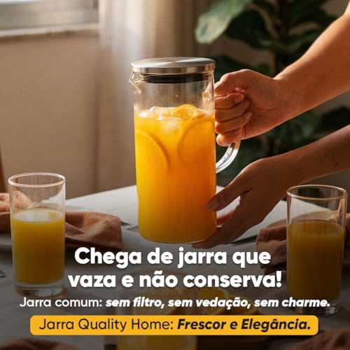 Jarra de Vidro Borossilicato 1L com Tampa Inox – Bico com Filtro Resistente para Água Suco e Chá