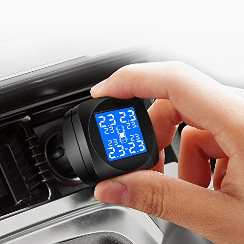 Jansite Tire Pressure Monitoring System, Cigarette Lighter Plug LCD Display with Tire Pressure, Temperature Gauge and Battery Voltage, Wireless TPMS with 4 External Sensors for Home Motor, Black