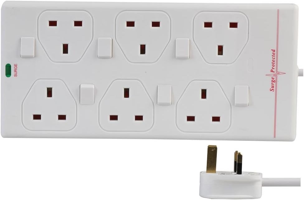 Pro Elec 6 Gang Surge Protected Extension Lead 10 Metre White On/Off Switch