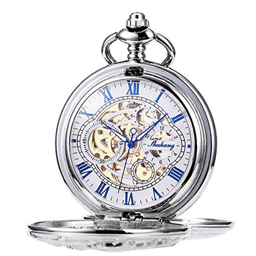 ManChDa Mens Antique Skeleton Mechanical Pocket Watch Dragon Hollow Hunter with Chain and Box (6.Sliver case with White dial), 7-5.Silver Blue, S, 3-2.Silver Blue