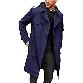 Pretifeel Mens Trench Coat Slim Fit Double Breasted Long Jacket Notched Lapel Belt Fall Windproof Coat
