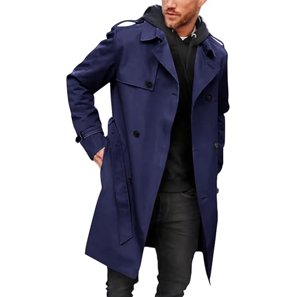 Gsywaipei Men's Hooded Length Trench Coat Casual Windproof Outdoor