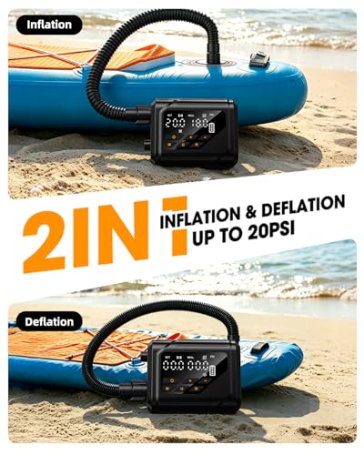 Dual Power Paddle Board Pump, Rechargeable & 12V Electric SUP Pump with Auto-Off, 20 PSI Dual-Stage Inflate/Deflate Air Pump, LED Display, 7 Nozzles for SUP, Kayaks & Inflatables