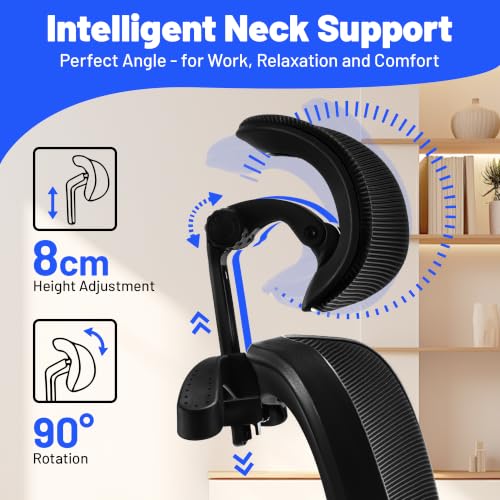 Coscendo Ergonomic Office Chair with Headrest & Lumbar Support, Black | 150 KG Max Load, Breathable mesh backrest, height adjustable swivel chair with rollers, suitable for office & home office