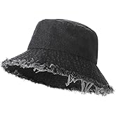 Frayed Denim Bucket Hat Distressed Jean Fisherman Cap Wide Brim Boonie Sun Hat Packable Beach Cap for Women Men