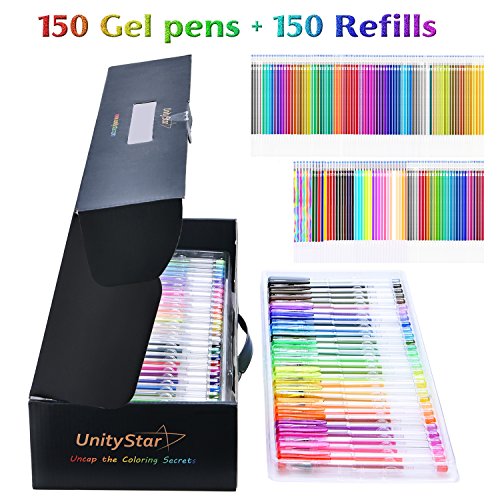 Coloring Gel Pens, UnityStar 300 Set of Colorful Gel Pens with 150 Colors & 150 Ink Refills, Gift Box for Adult Coloring Books Drawing Doodling Crafts (No Duplicate)