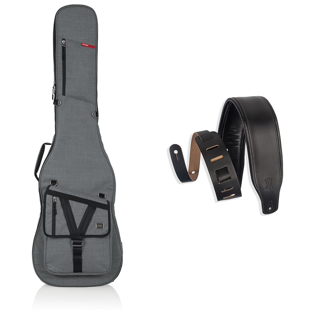 Gator Transit Bass Guitar Gig Bag & Levy's 3" Padded Leather Guitar Strap with Garment Leather Backing in Black Image