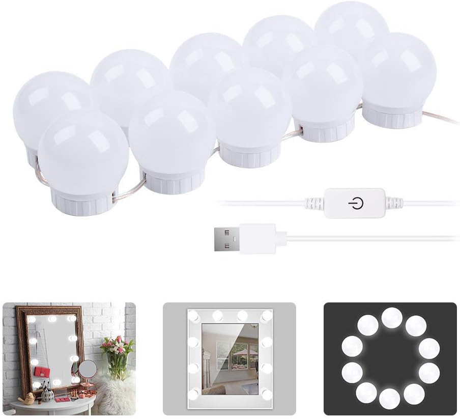 LED Vanity Miror Light Kit Hollywood Make Up Lights Bulb Dressing Room Decor Lighting with 10 Dimmable Decorative Light Bulb,USB Power and Touch Control,Lighting Fixture Strip For Vanity Table Set