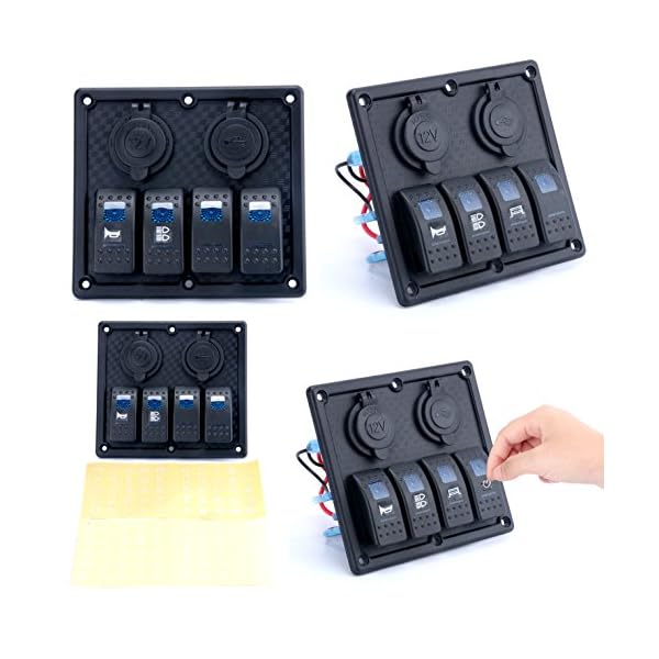 Amarine-made-Blue-LED-light-indicator-Waterproof-4-gang-rocker-switch-Panel-Double-USB-Power-Charger-Adapter-12V-Cigarette-Lighter-Socket-for-Marine-Boat-CarMarinePN-R4S2
