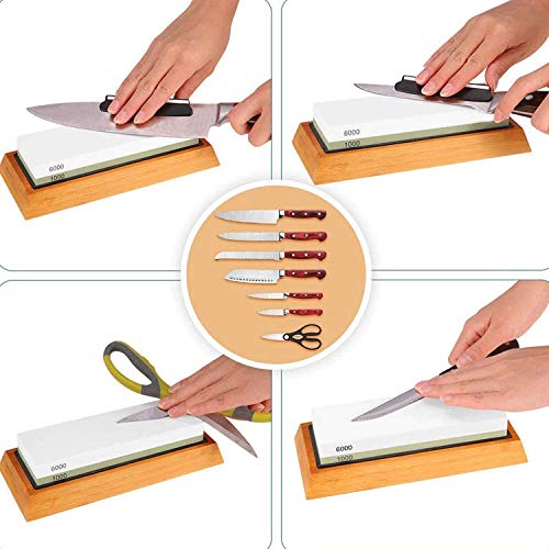 Messerschärferstein-Set, doppelseitig, 1000/6000er Körnung, Wasserstein, professioneller Schleifstein mit rutschfestem Silikonhalter und Bambusblock, Honing-Wasserstein
