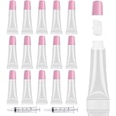AMORIX 50PCS Empty 10ml Pink Cap Lip Gloss Tubes for Lip Gloss Base | Lip Gloss Containers,Lip Balm Tubes, Cute Squeeze Tubes, Includes 2 x 20ml Syringes and Tag Labels, Lipgloss Making Supplies