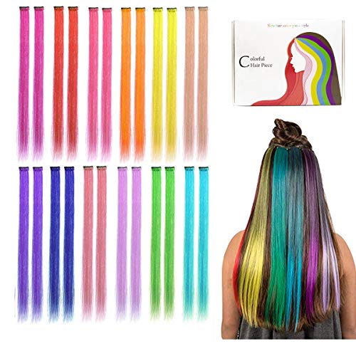 Kyerivs Colored Clip in Hair Extensions 20 inch Rainbow Heat-Resistant Straight Highlight Hairpieces Cospaly Fashion Party Christmas Gift For Kids Girls 12 Color in 24 pcs