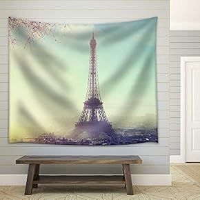 Aerial View of Paris Cityscape with Eiffel Tower at Sunset Vintage Colored Picture. Business, Love and Travel Concept - Fabric Wall Tapestry Home Decor - 51x60 inches