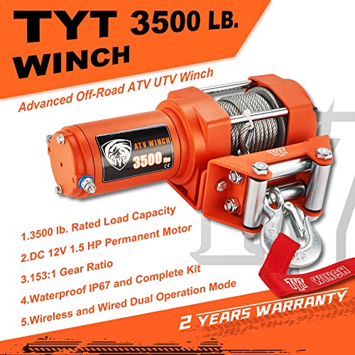 TYT 12V 3500 lb Electric ATV/UTV Winch, OffRoad Waterproof Steel Cable