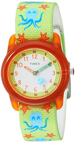 Timex Boys TW7C13400 Time Machines Analog Green/Orange Octopus Elastic Fabric Strap Watch