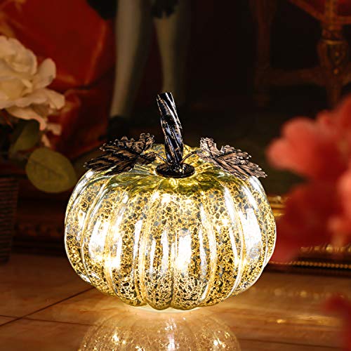 denlix Mercury Glass Pumpkin Lights Fall Decor, Battery Operated LED Timer 5.5 Inches Pumpkins Decor