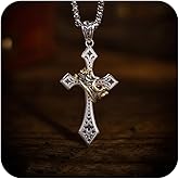 Vintage Unique Cross Necklace Thai Silver Chain Cross Crown Pendant Necklace for Men 14K Gold Plated Goth Gothic Punk Necklaces Christian Jewelry Antique Jesus Necklace Gift