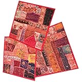 Boho Decorative Set Of 3 Indian Throw Pillow Cases Cotton Orange Embroidered Patchwork Cushion Cover 16 x 16