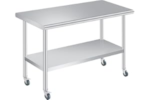 EXPLOREHORIZON ﻿ Stainless Steel Prep Table, 24 x 60 Inches Heavy Duty Commercial , with Rounded-Corner, Adjustable Undershelf and 4 Caster Wheels, Heavy Duty Work Table with Adjustable Under Shelf for Outdoor, Res