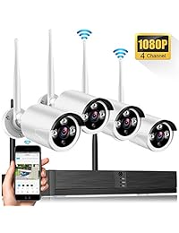 Wireless Security Camera System, Network Video Recorder Camera Working Range of 500 FT,4CH 1080P NVR 4Pcs H.265 2MP Indoor Outdoor WiFi Surveillance Cameras, Night Vision, Easy Remote View, No HDD