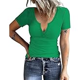 AKEWEI Women's Short Sleeve Tops Soft V Neck Ribbed Knit Shirts Basic Comfortable Clothes Tunic