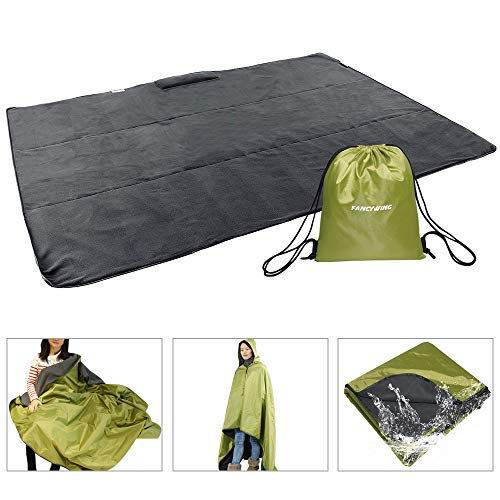 FANCYWING Outdoor Fleece Blanket XL Hooded Stadium Mat - Waterproof/Windproof Blanket for Camping, Picnic, Sports, Festival, Football, Baseball, Concerts, Grass, Dog, Beach (79 x 55 inches)