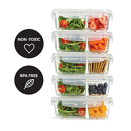 Fit & Fresh Divided Glass Containers, 5Pack, Two Compartments, Set of