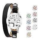 Essential Oil Diffuser Bracelet,Stainless Steel Aromatherapy Locket Bracelets Leather Band with 8 Color Pads,Girls Women Jewelry Gift Set (Tree black)