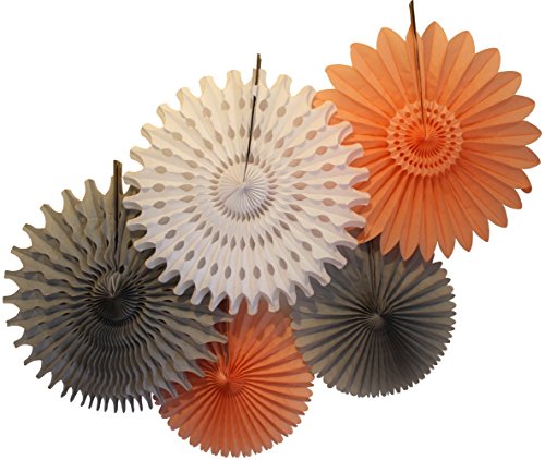 Tissue Paper Fan Collection - 5 Large Assorted Fan, 18 and 13 inches (Peach White Gray Party)