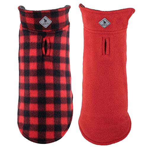 The Worthy DogFargo Fleece Check Dog Jacket, Adjustable Reversible with Harness Hole, Wind-Resistant, Winter Outdoor Clothes for Pets, Red - 14''