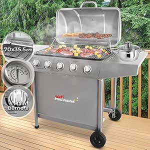 BBQ Parrilla De Acero Barbacoa Gas 5 Quemadores con Ruedas: Amazon.es