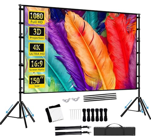 GOGOBAO Projector Screen with Stand,100/120/150 inch Outdoor Projector Screen Portable Indoor Projection Screen 16:9 4K Rear Front Movie Screen with Carry Bag for Home Backyard Theater (150 inch)
