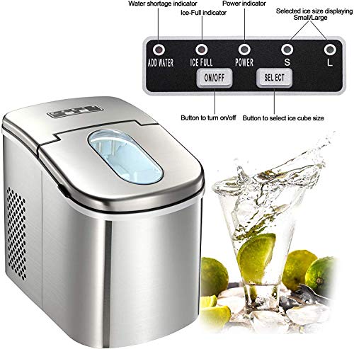 Countertop Ice Maker Machine,Portable Automatic Ice Maker,Ice Cubes Ready in 6 Mins,/1.5lbs Ice Storage,26lbs/24h,Ice Scoop and Basket,See-through Lid,LCD Display (Stainless Steel-2)