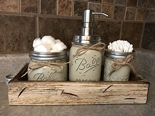 image for Wooden Hearts Ball Mason Jar BATHROOM SET in Antique WHITE Tray ~Cotto