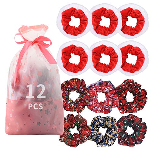 12 Pcs Premium Large Size Holiday Hair Scrunchies,Cute Christmas Seasons Scrunchies With Gift Bag, Great Fun and Festive for, Party,Dinner,photos booth.