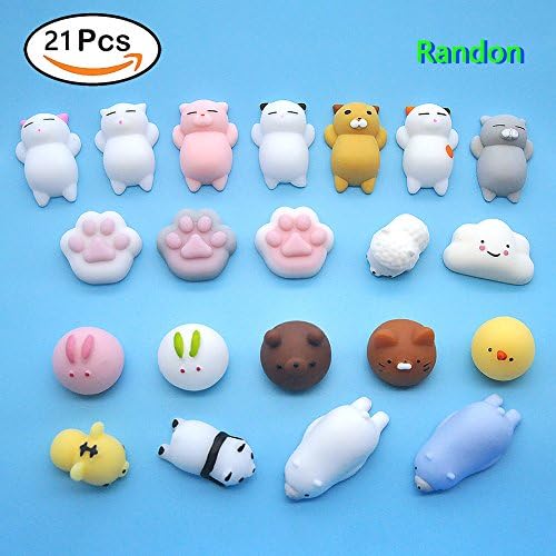 Mochi Animals Stress Toys, Auken Squishies 21 Pcs Mini Squishies Mochi Squishy Toy Stress Relief Animal Toys Squeeze Toys Mini Seal Bear Cat Tiger Pig Smile Cloud Squishies toys For Children Adults