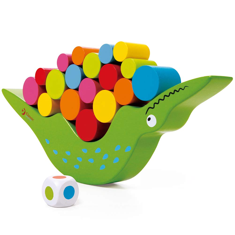 Classic World - Wooden Crocodile - Animal Balancing and Stacking Toys - 20 Multicoloured Stacking Cylinder Blocks - Teaching Aids for Preschool Learning - Suitable For 3-Year-Olds+