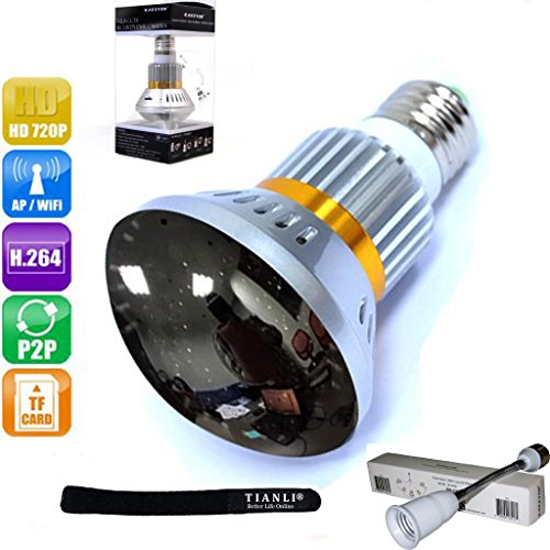 TIANLI(TM) EAZZYDV Mirror Face Hidden Bulb Wifi/ap Hd720p P2p Ip Network DVR Safety Survilliance Spy Recorder Camera Motion Dection Night Vision Invisible to Human Eye At Night 3.6mm Len/E27 base,With TIANLI Computer Cable Tie Gift (BC-c881Md)