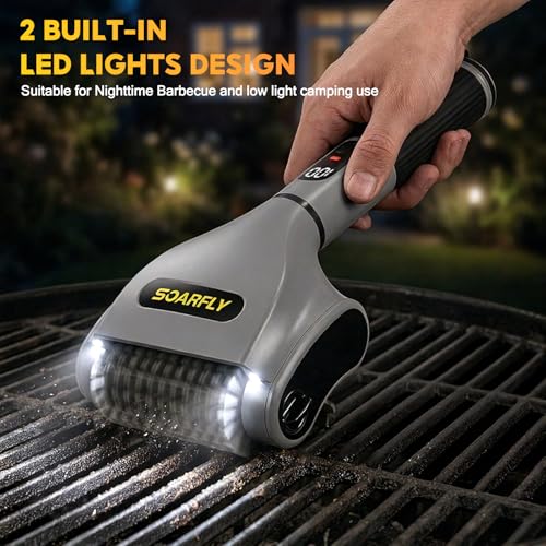 SOARFLY Electric Grill Brush for Outdoor Grill, 2-Speed & 20kg Torque Electric BBQ Grill Brush, Powerful Motor 800RPM Fast Safe Grill Cleaner, 4000mAh Long Battery Life, LED Light, Gifts for Men Dad