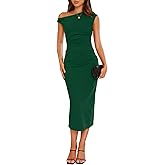 IHOT Women's Sleeveless One Shoulder Bodycon Ruched Slit Wedding Guest Cocktail Midi Dress