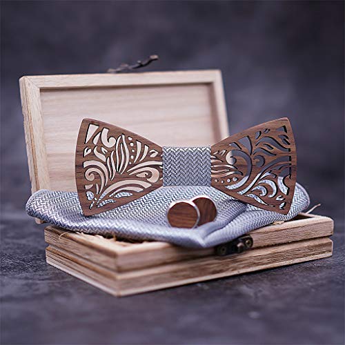 COM1950s Men's Bow Tie Natural Handmade Wooden Collar Vintage Wood Tie Manual Wooden Bow Tie Handkerchief Set (Gray, A)