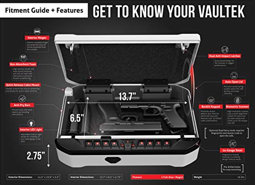 Vaultek VTi Full-Size Biometric Handgun Bluetooth Smart Safe Multiple Pistol Safe with Auto-Open Lid and Rechargeable Battery (Alpine White) - Thumbnail 4