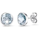 925 Sterling Silver Aqua Blue CZ Stud Earrings in Bezel Setting, Earrings for Women, Cz Jewelry, Classic Everyday Studs