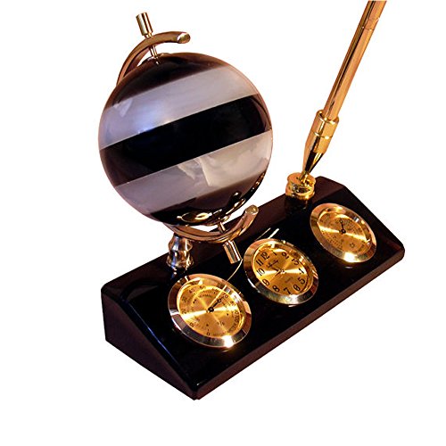 Weather station made of natural obsidian with clock, thermometer, hygrometer and pen holder | globe made of onyx and obsidian | organizer